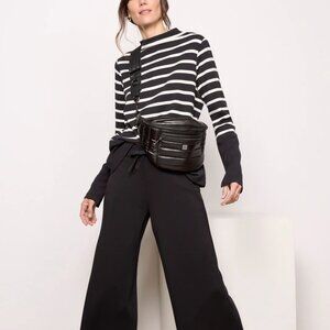 Spanx Air Essentials Mock Neck Pullover in Black/White Stripe size Small (S)